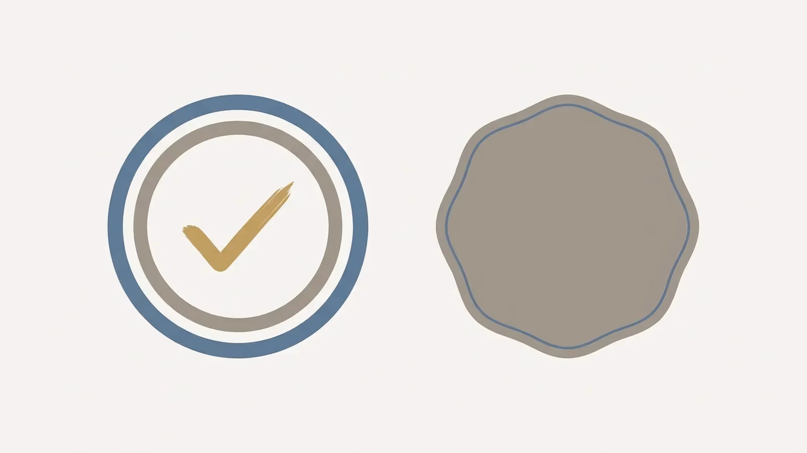 Abstract illustration of a registration credential a visitor can check, shown as a plain seal with a checkmark.