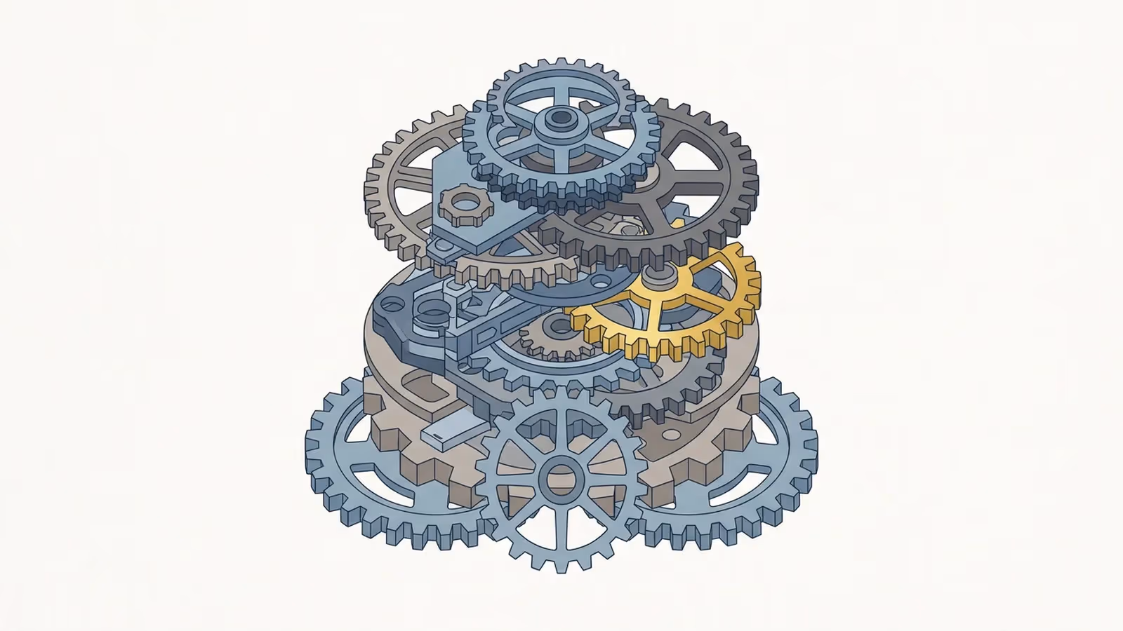 Abstract illustration of the technical stack, shown as a stack of interlocking gear-like shapes representing platform, hosting and speed as layered engineering.