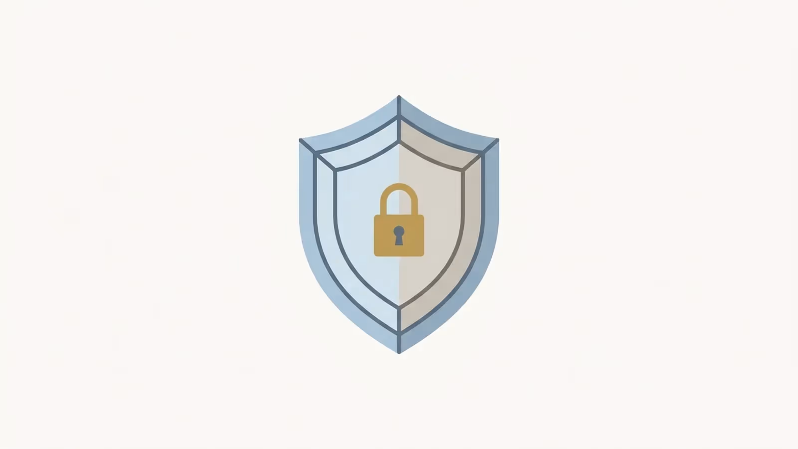 Abstract illustration of security as a build-time decision, shown as a shield glyph with a small padlock at its centre.