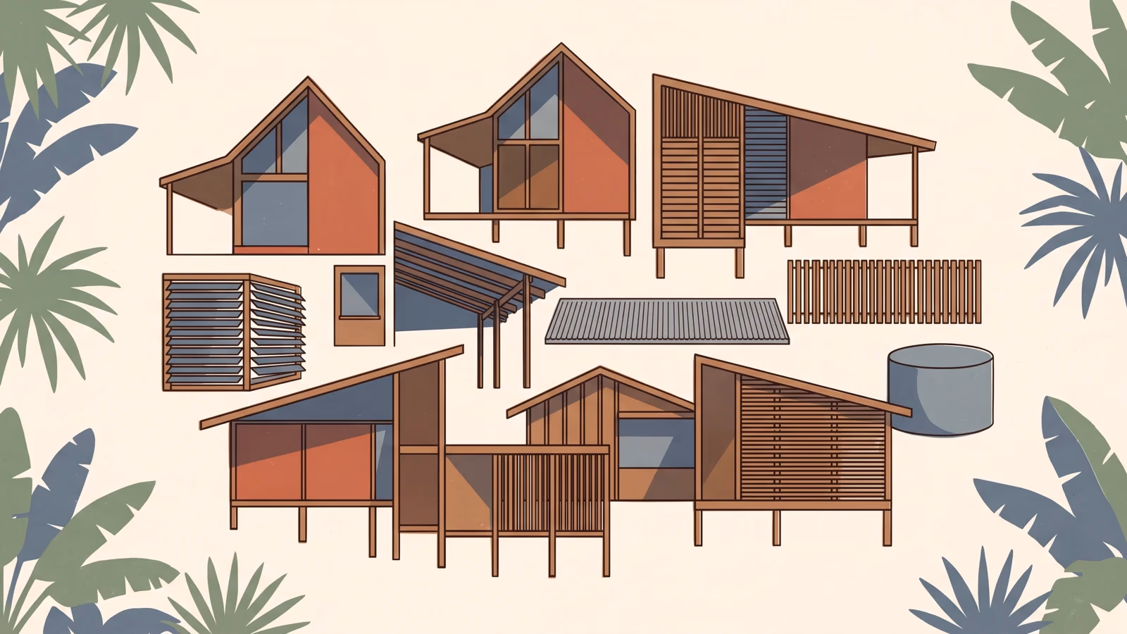 Illustration of assorted subtropical building forms — gable roofs, verandah eaves, louvre blades and a water tank — arranged loosely against a pale background with flat foliage shapes.