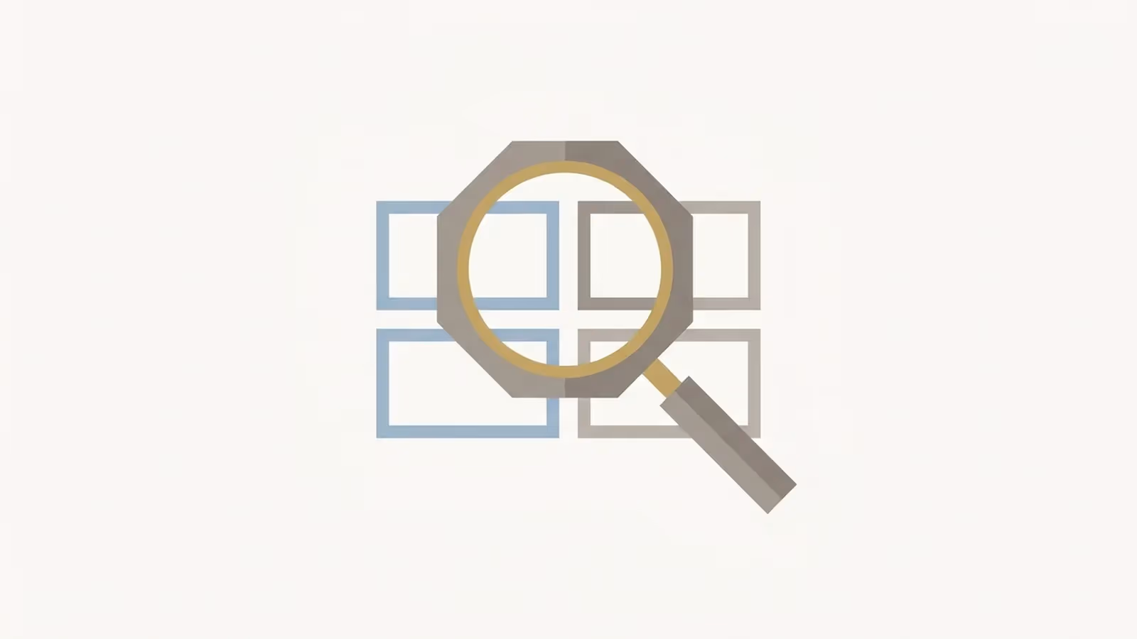 Abstract illustration of portfolio review, shown as a magnifying glass resting over a small grid of blank rectangles.