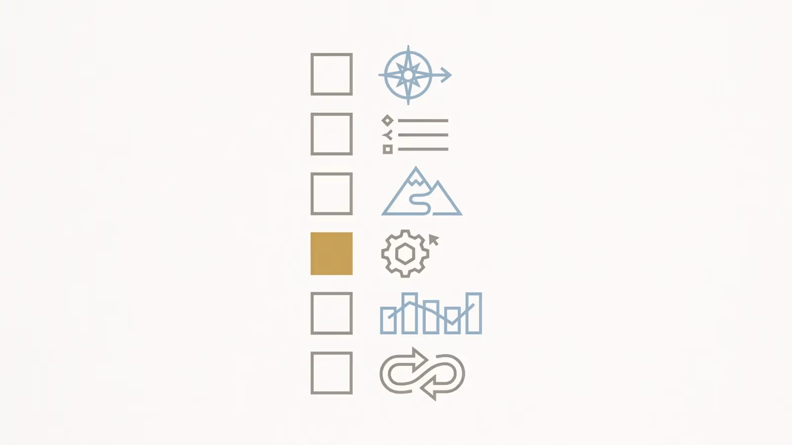 Abstract illustration of preparation, shown as a short, evenly spaced checklist of plain line icons.