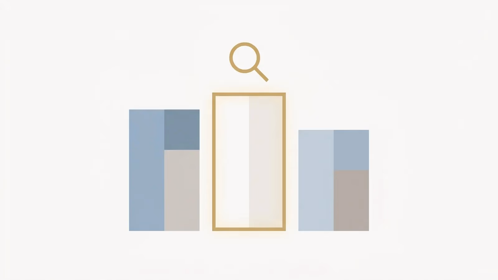 Abstract illustration of choosing a web design supplier — three candidate options side by side with a magnifier over the selected one.