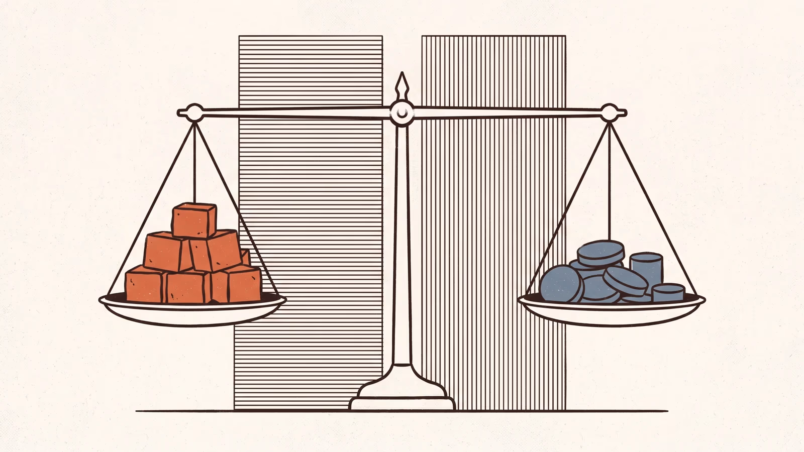 Illustration of a balance beam resting level, one pan holding red cubes and the other blue discs, in front of two columns of equal height with contrasting hatching.