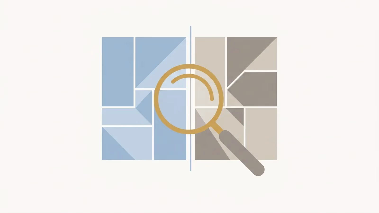 Abstract illustration of inspecting for a relabelled template, shown as a magnifying glass held over a seam where two mismatched tile edges meet.