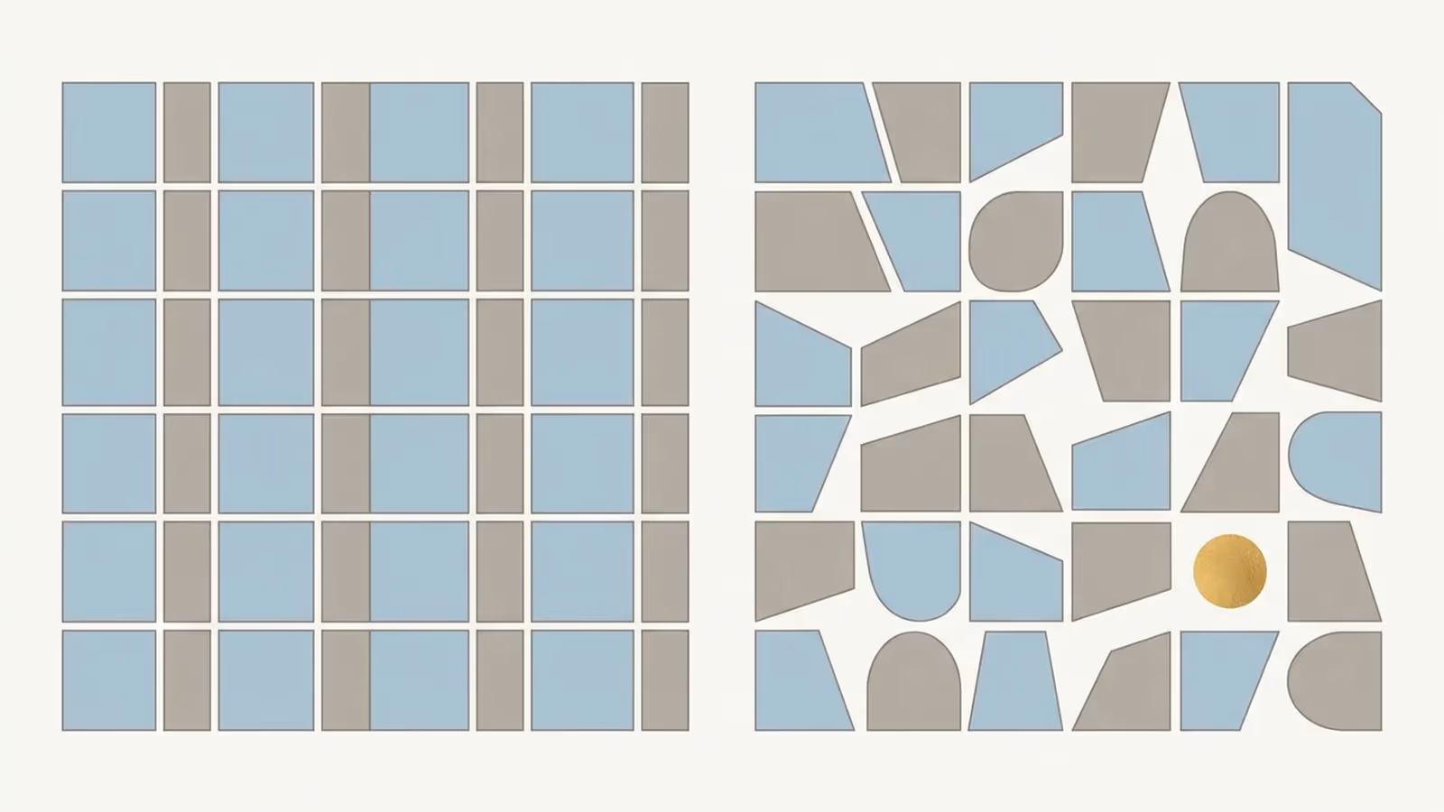 Abstract illustration contrasting templated and custom builds, shown as two grids side by side — one of identical repeating tiles, one of irregular varied shapes.