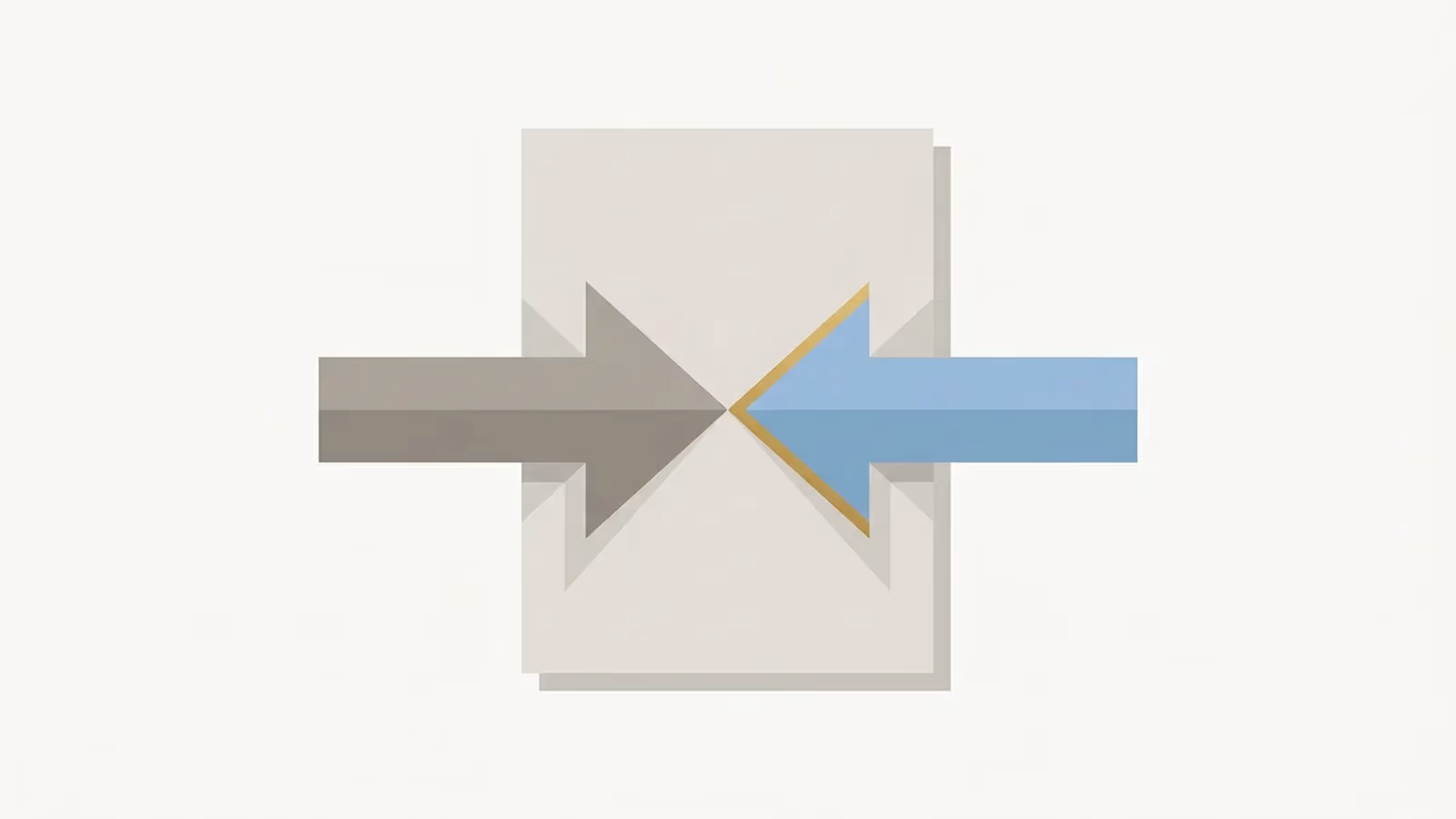 Abstract illustration of reader and search engine meeting at one page, shown as two arrows converging on one shared page-block from different directions.