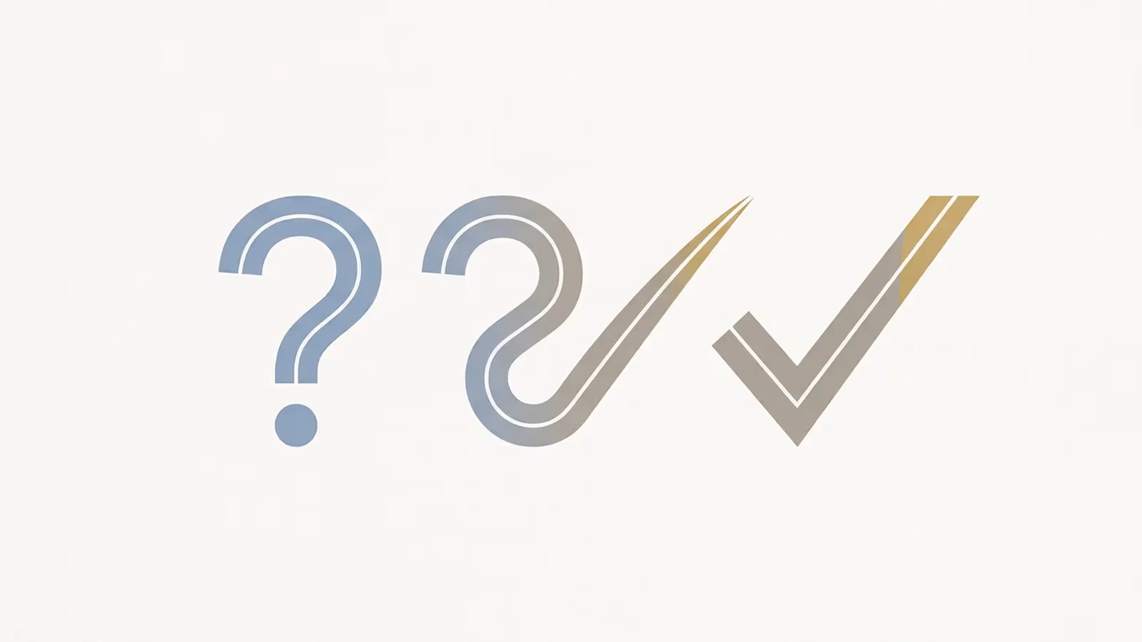 Abstract illustration of moving from describing to answering, shown as a question-mark glyph transitioning into a checkmark glyph.