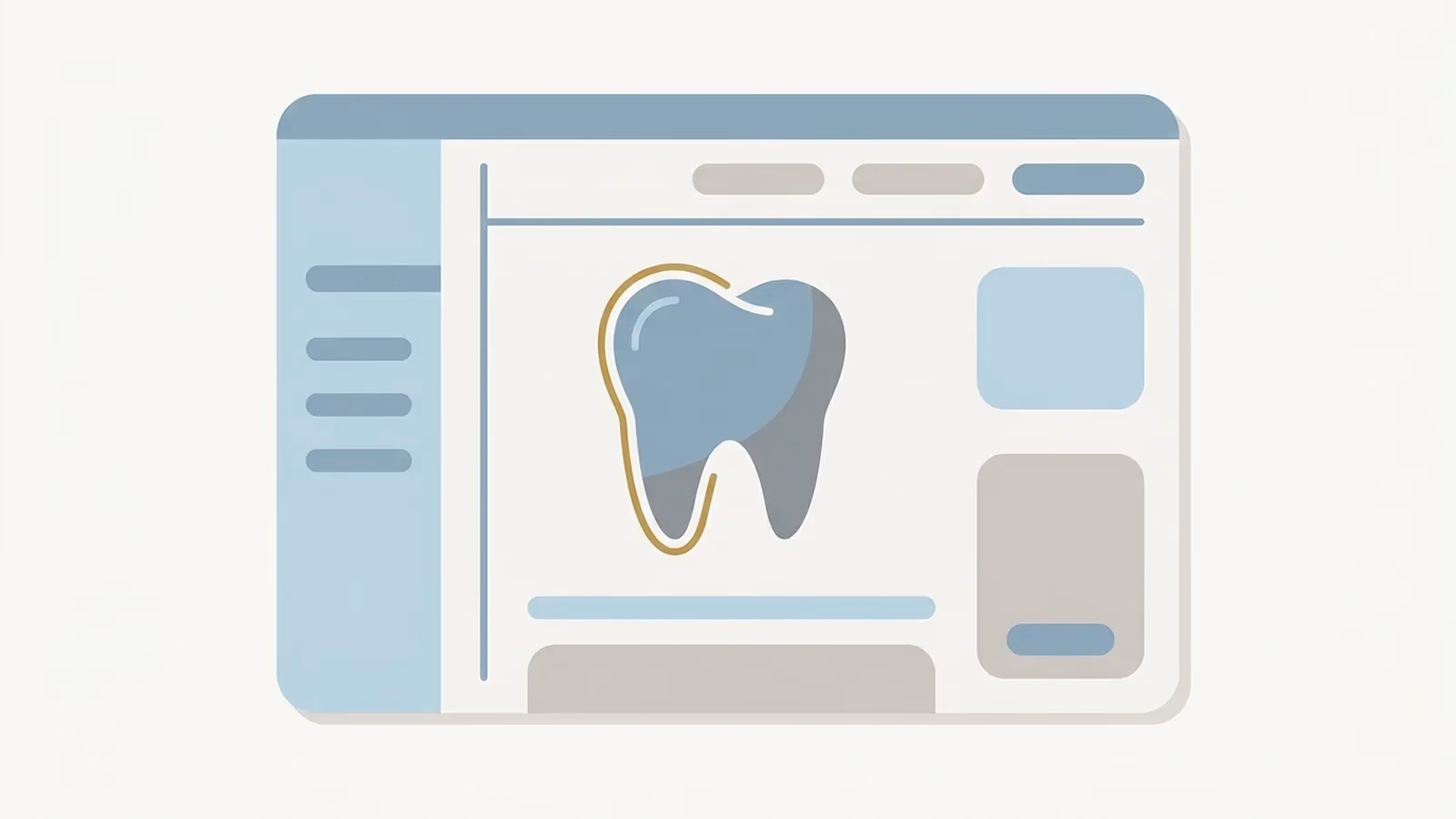 Abstract illustration of a dental clinic website — a stylised web page card with a simplified tooth motif and calm rounded content blocks.