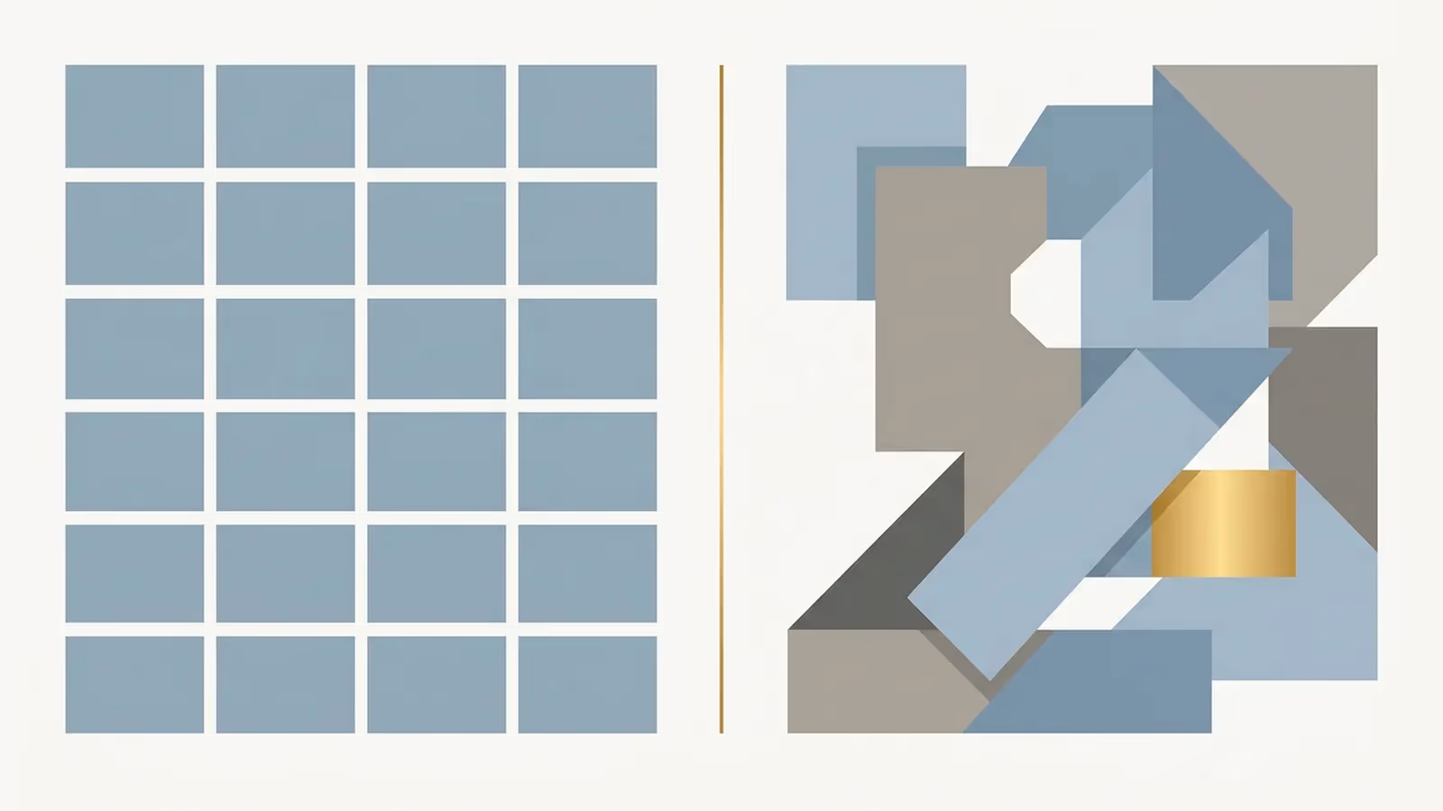 Abstract illustration of the DIY-versus-professional trade-off, shown as a split panel with uniform template blocks on one side and layered bespoke blocks on the other, divided by a thin gold line.