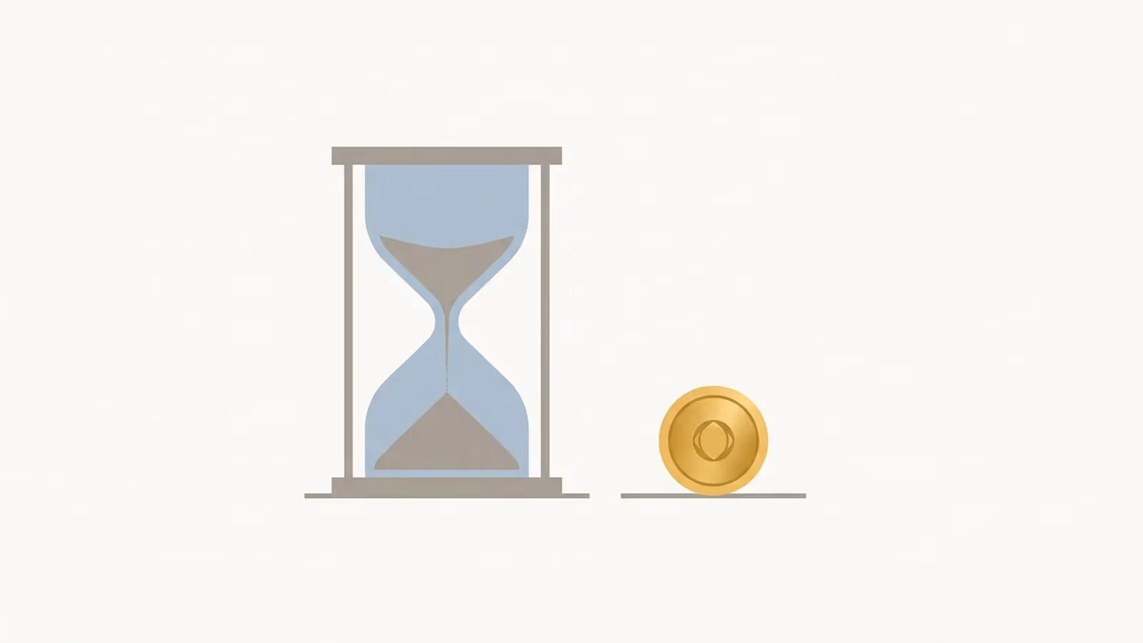 Abstract illustration of time traded for money, shown as a simple hourglass shape paired with a small coin shape.