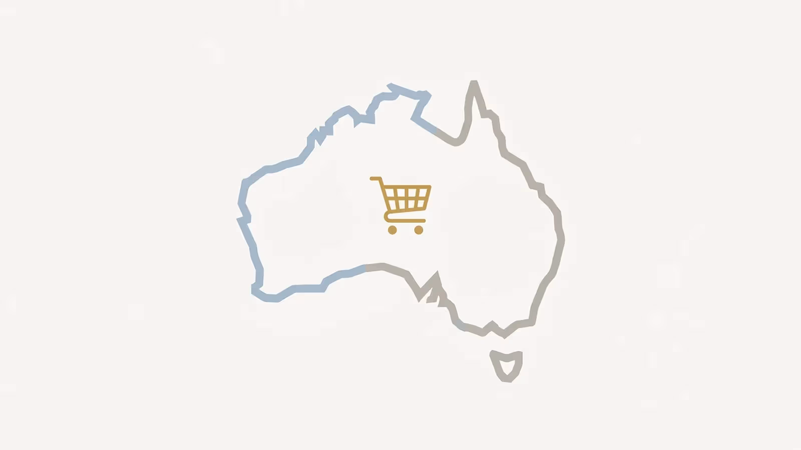 Abstract illustration of Australian ecommerce, shown as a simplified flat outline of the Australian continent with a small shopping-cart glyph inside it.