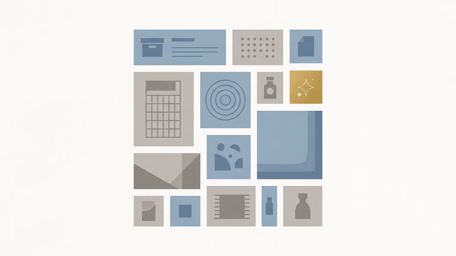 Abstract illustration of a product catalogue, shown as a grid of stacked product tiles of varying sizes.