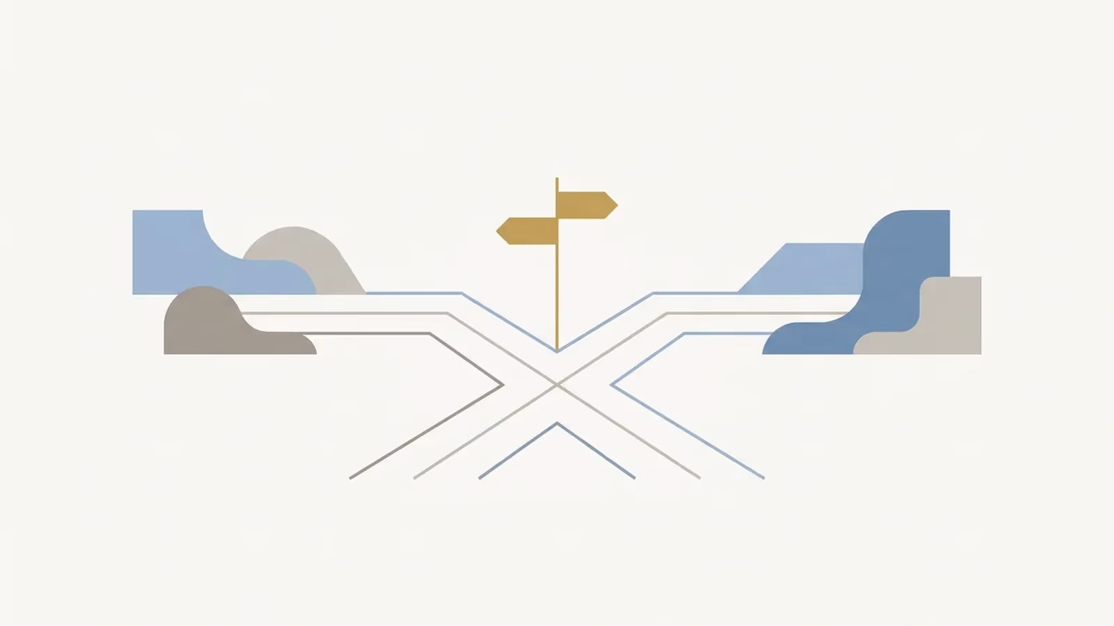 Abstract illustration of the platform decision, shown as a single path forking into two directions at a signpost point.
