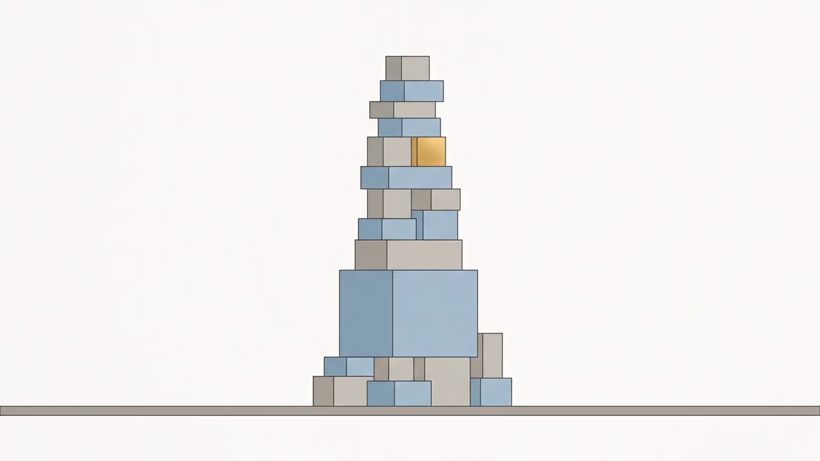 Abstract illustration of hidden product-data work, shown as a tall stack of small unlabelled boxes with one oversized box near the base.