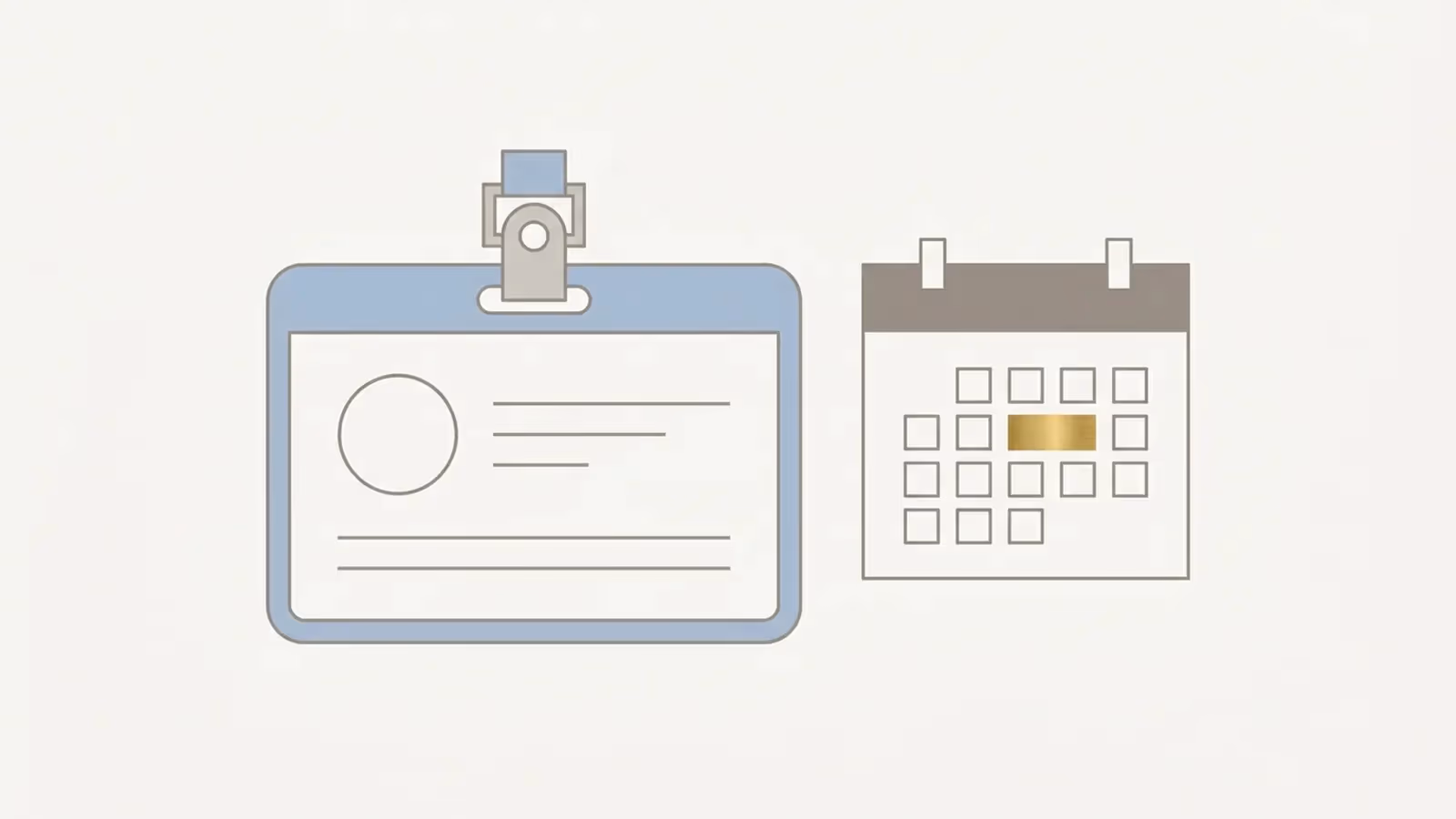 Abstract illustration of a practitioner profile and booking, shown as a credential badge beside a calendar with one slot marked.