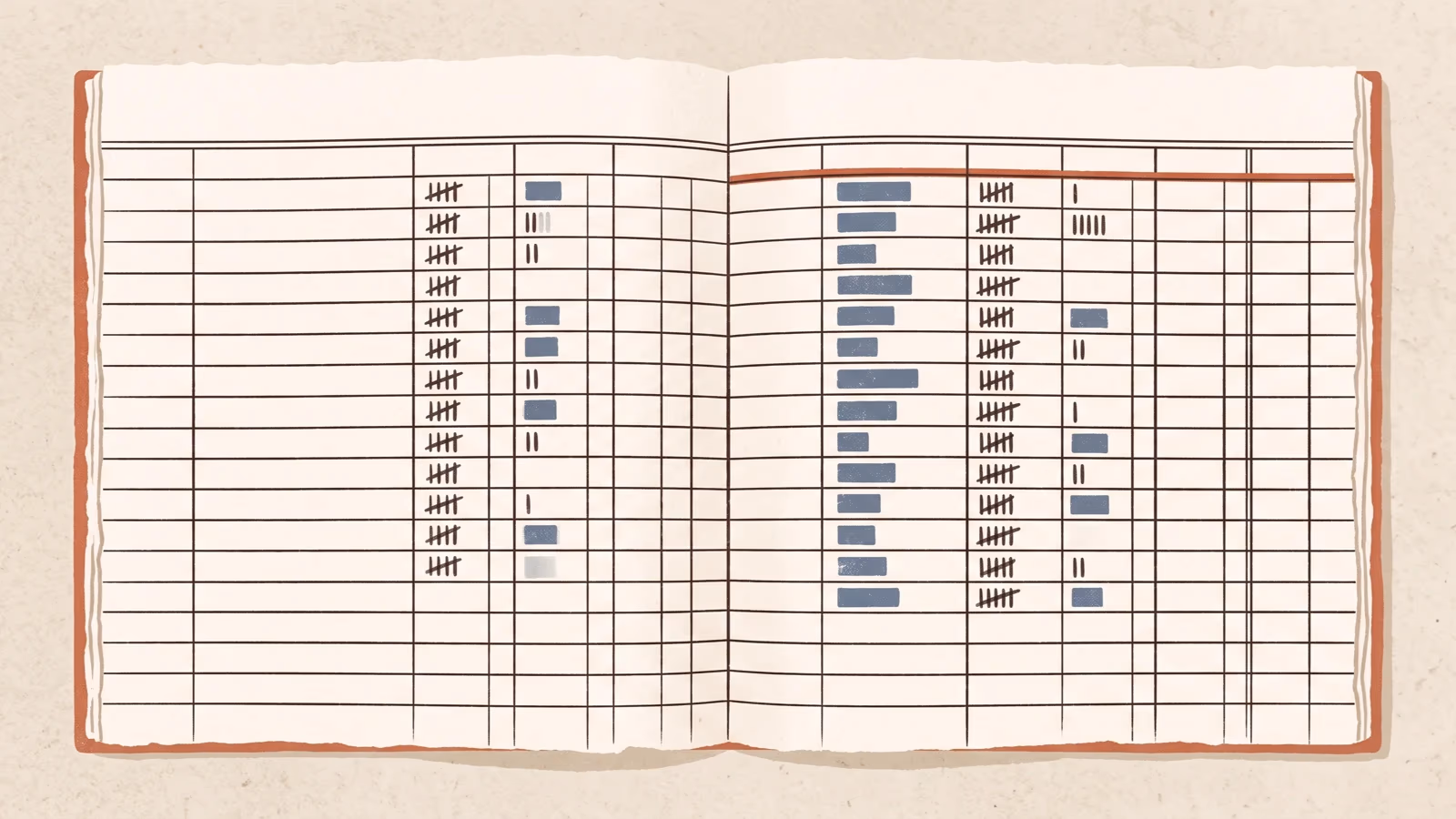 Illustration of an open ledger book seen from above, its ruled columns filled with tally marks and small blue blocks.