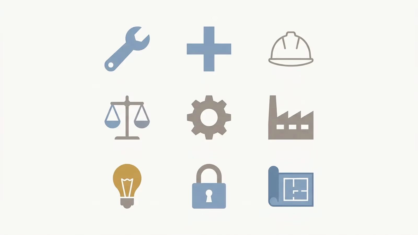 Abstract illustration of the industries covered, shown as a grid of nine small generic industry glyphs in a uniform minimal flat style.
