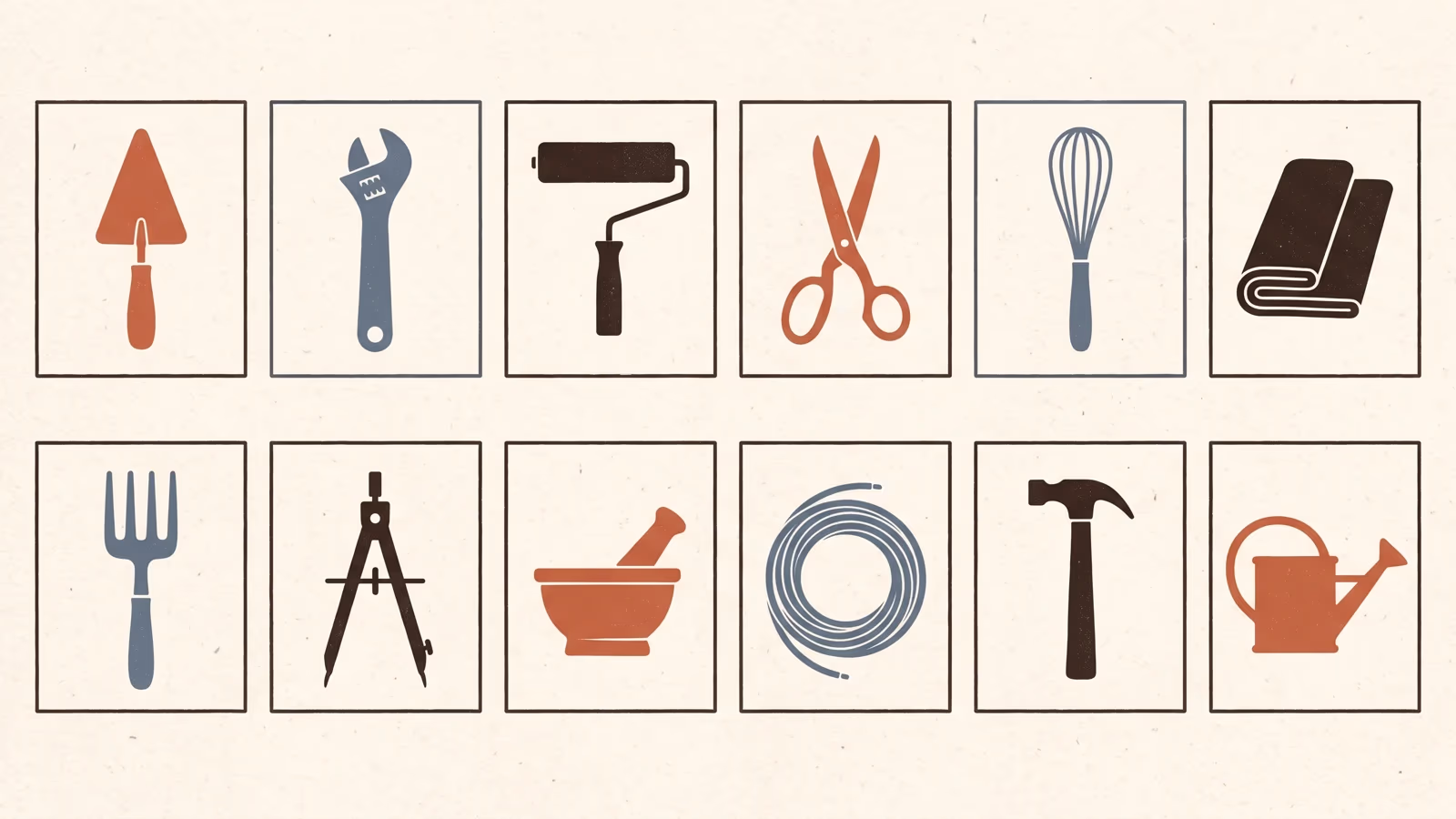 Illustration of twelve identical square frames in a grid, each holding a different trade tool: trowel, spanner, paint roller, scissors, whisk, folded cloth, garden fork, drafting compass, mortar and pestle, coiled cable, hammer and watering can.