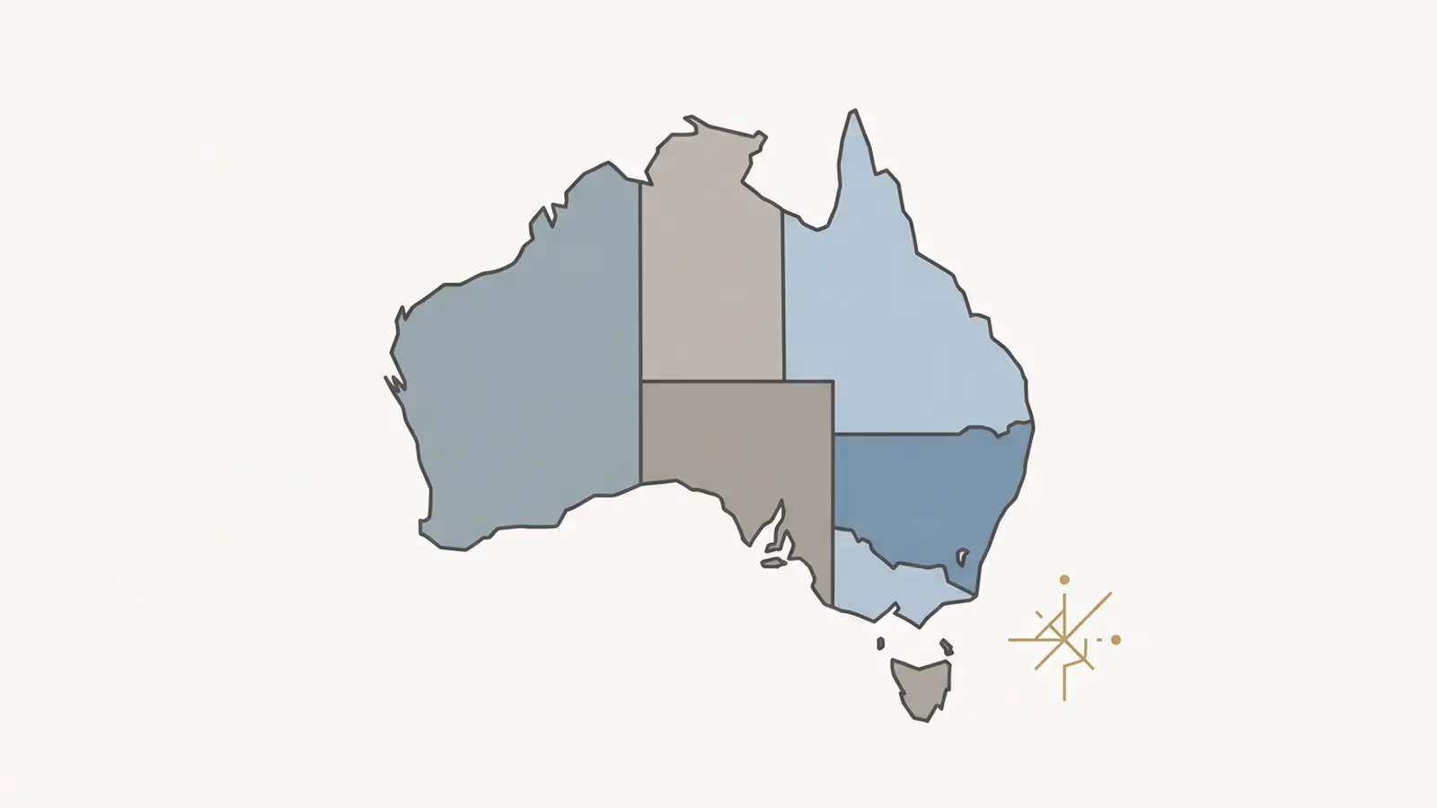 Abstract illustration of jurisdiction-varying rules, shown as an outline map of Australia with states in slightly different tones.