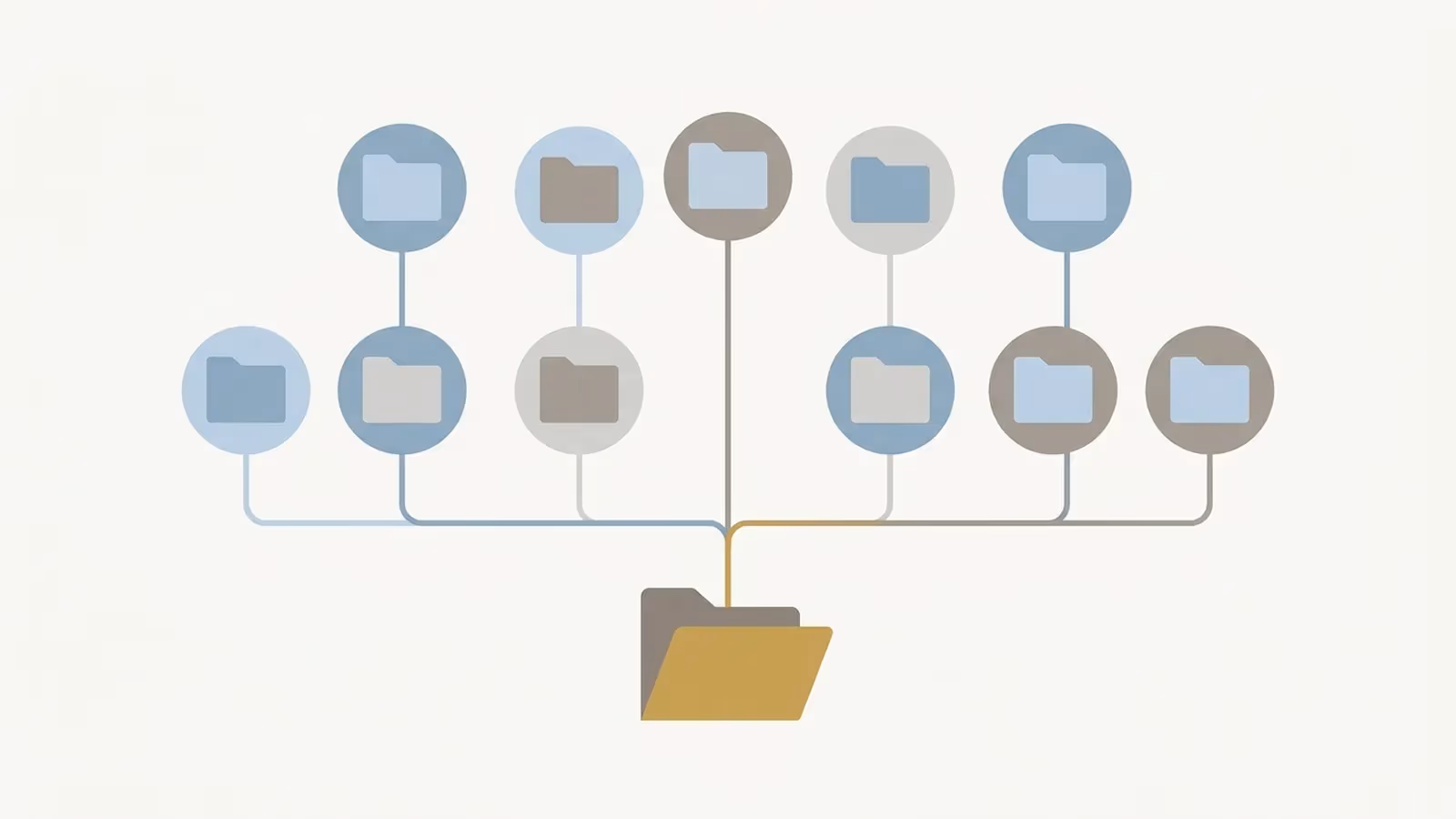 Abstract illustration of practice areas as a website's structural core, shown as a branching folder tree.