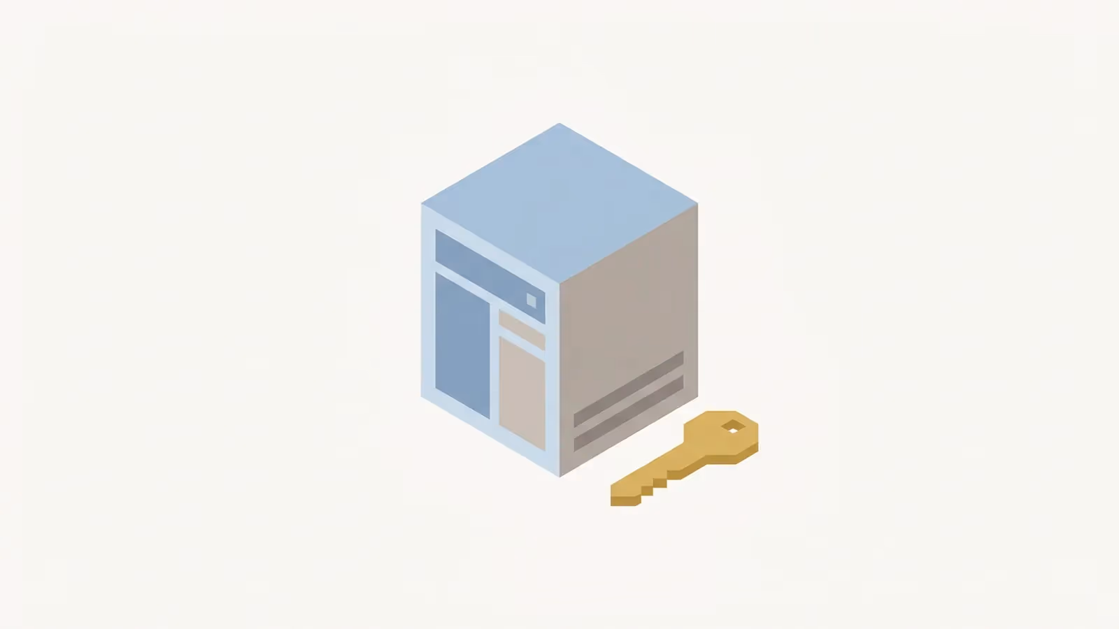Abstract illustration of recovering hosting access, shown as a server block icon with a single key resting beside it.