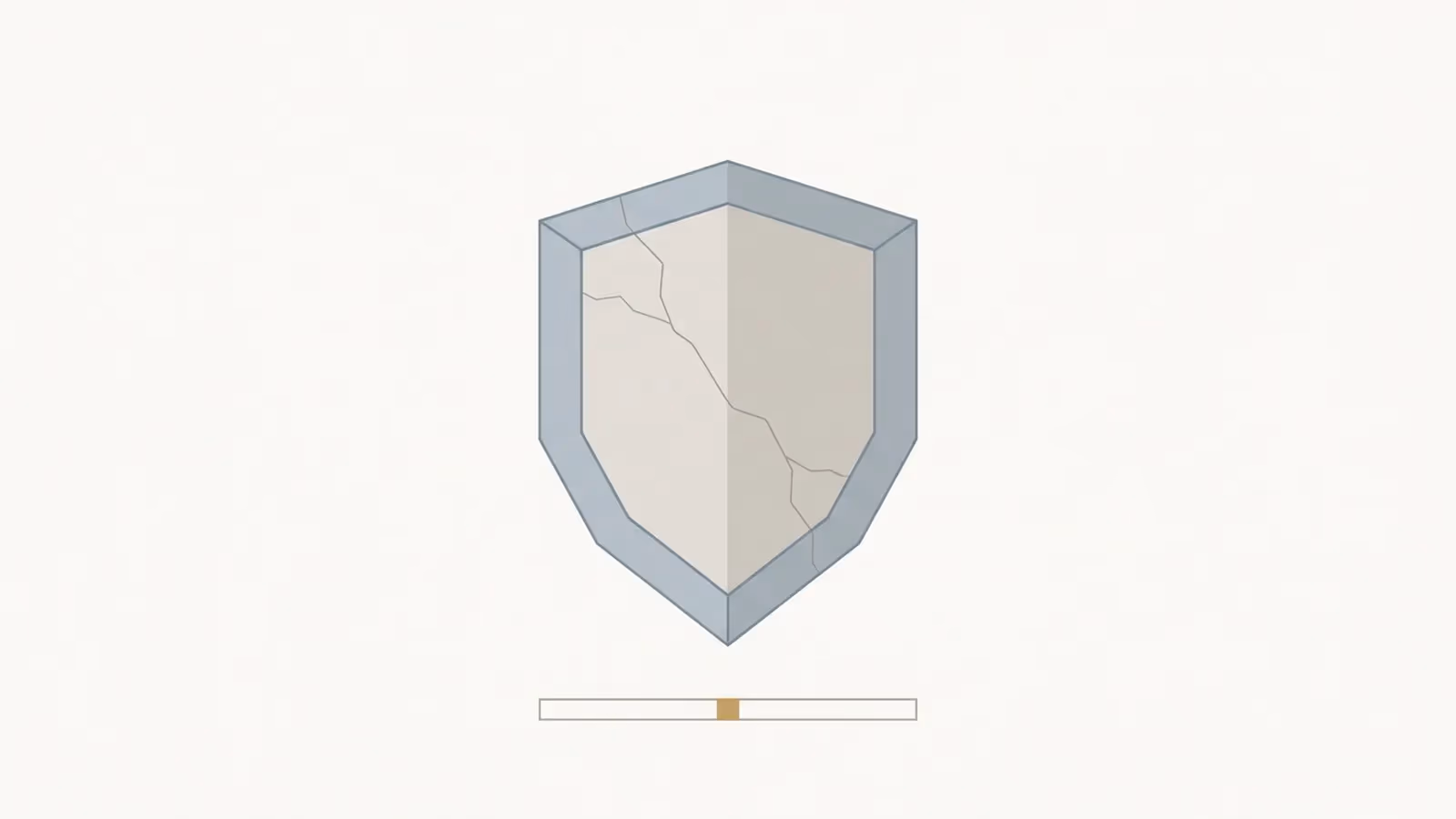 Abstract illustration of a neglected site quietly degrading, shown as a shield glyph with a fine muted crack through it.