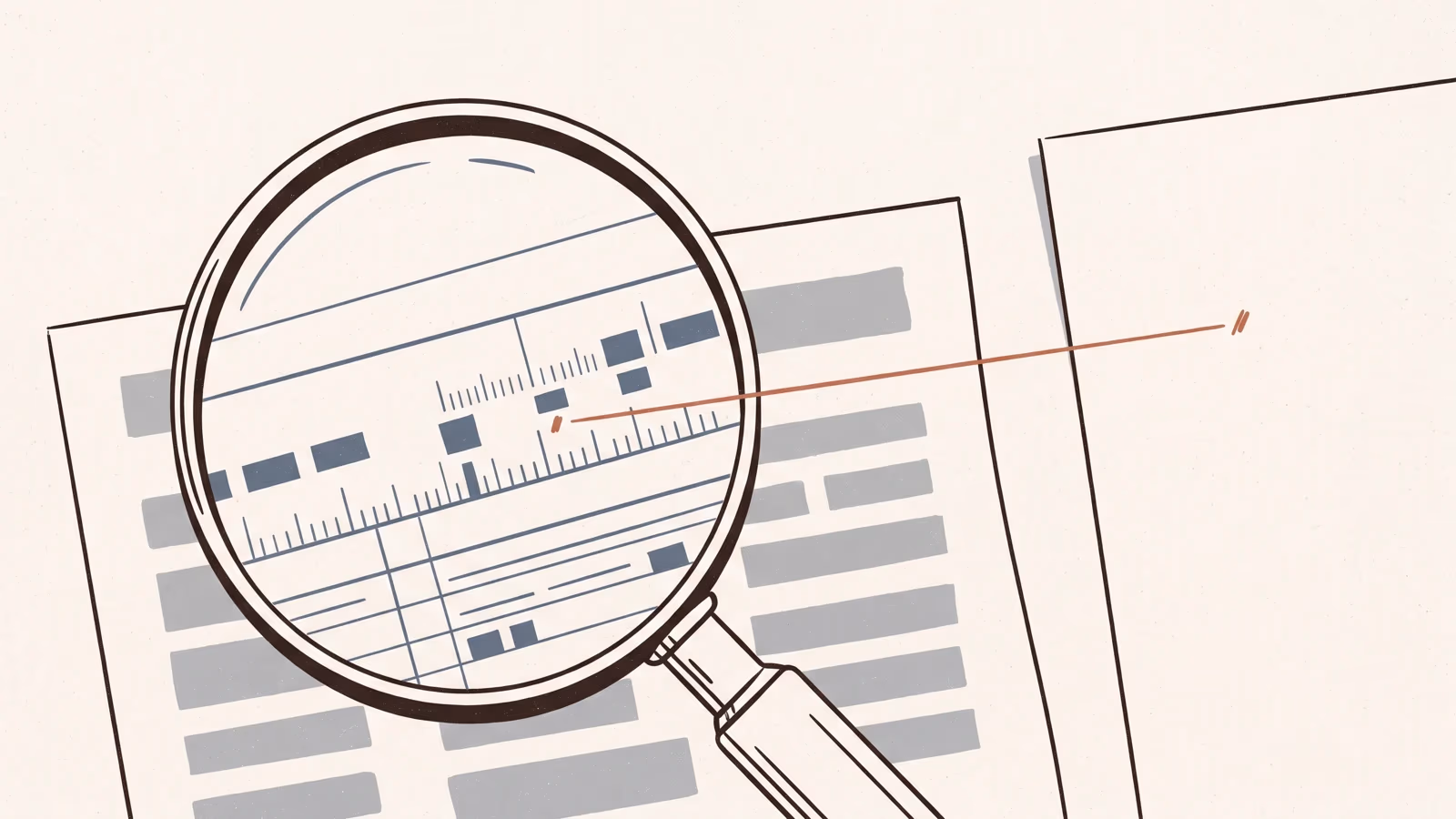 Illustration of a magnifying loupe over a sheet of paper: fine ruled detail is visible inside the lens while the surrounding page is reduced to coarse grey blocks, with a red line traced across to a second sheet.