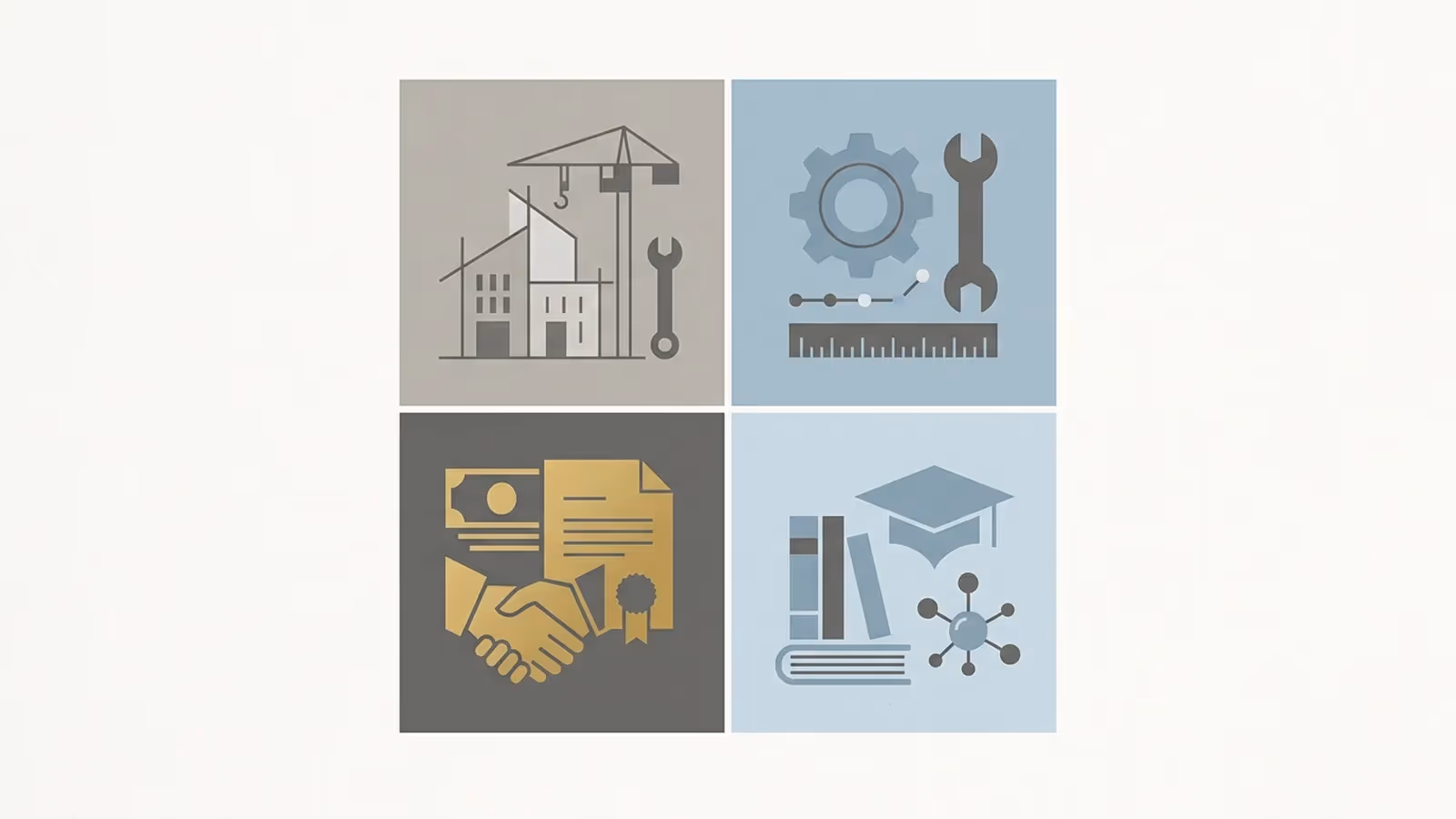 Abstract illustration of four distinct plumbing job types, shown as a two-by-two grid of even squares.