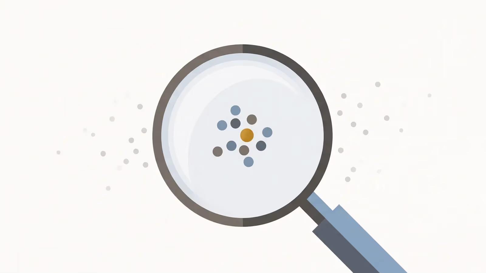 Abstract illustration of a sample worth checking, shown as a magnifying glass over a small cluster of dots.