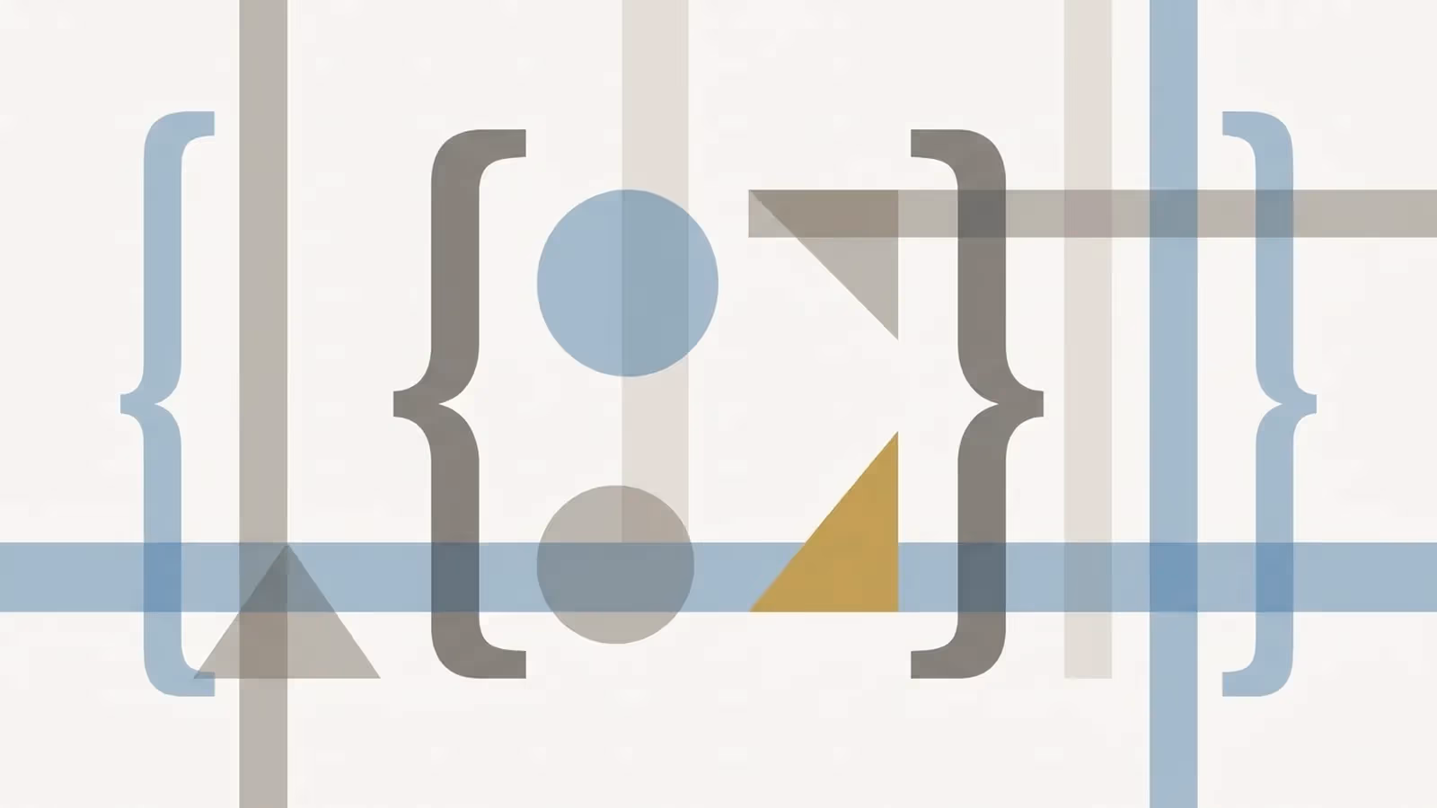 Abstract illustration of underlying code structure, shown as a simple bracket and grid motif in geometric shapes.