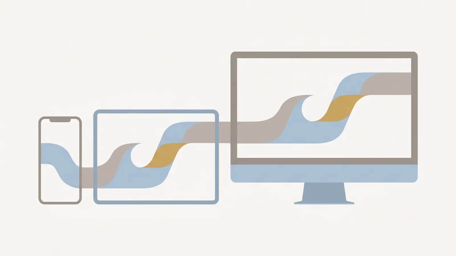 Abstract illustration of responsive layout, shown as a single layout shape reflowing across phone, tablet and desktop frame outlines.