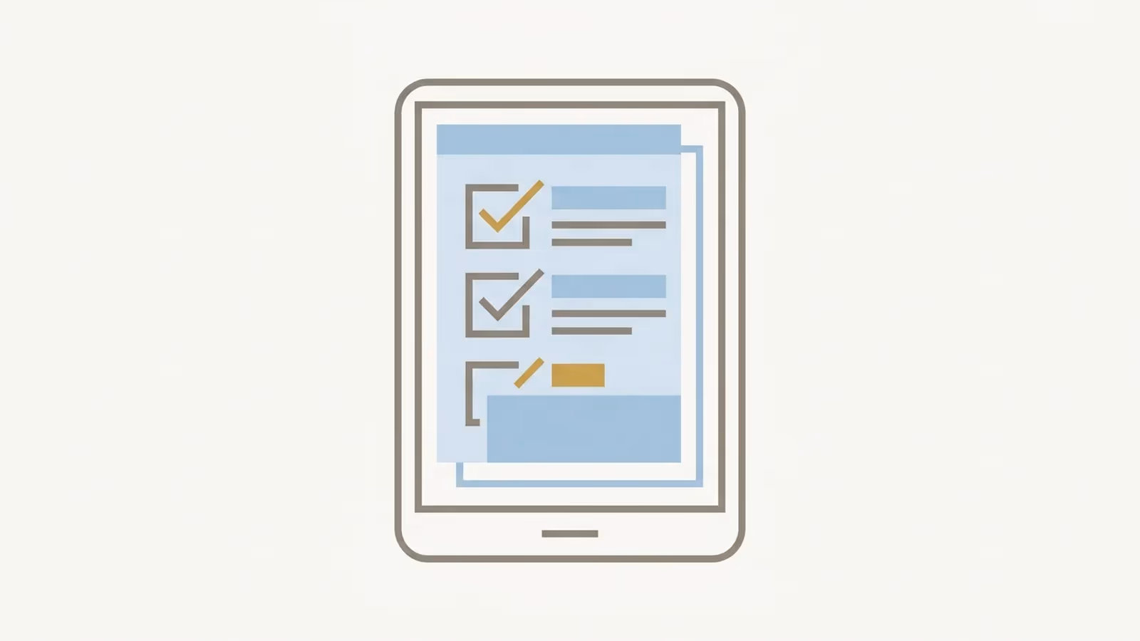 Abstract illustration of verifying responsive behaviour, shown as a checklist icon with ticks layered over a small device-frame outline.