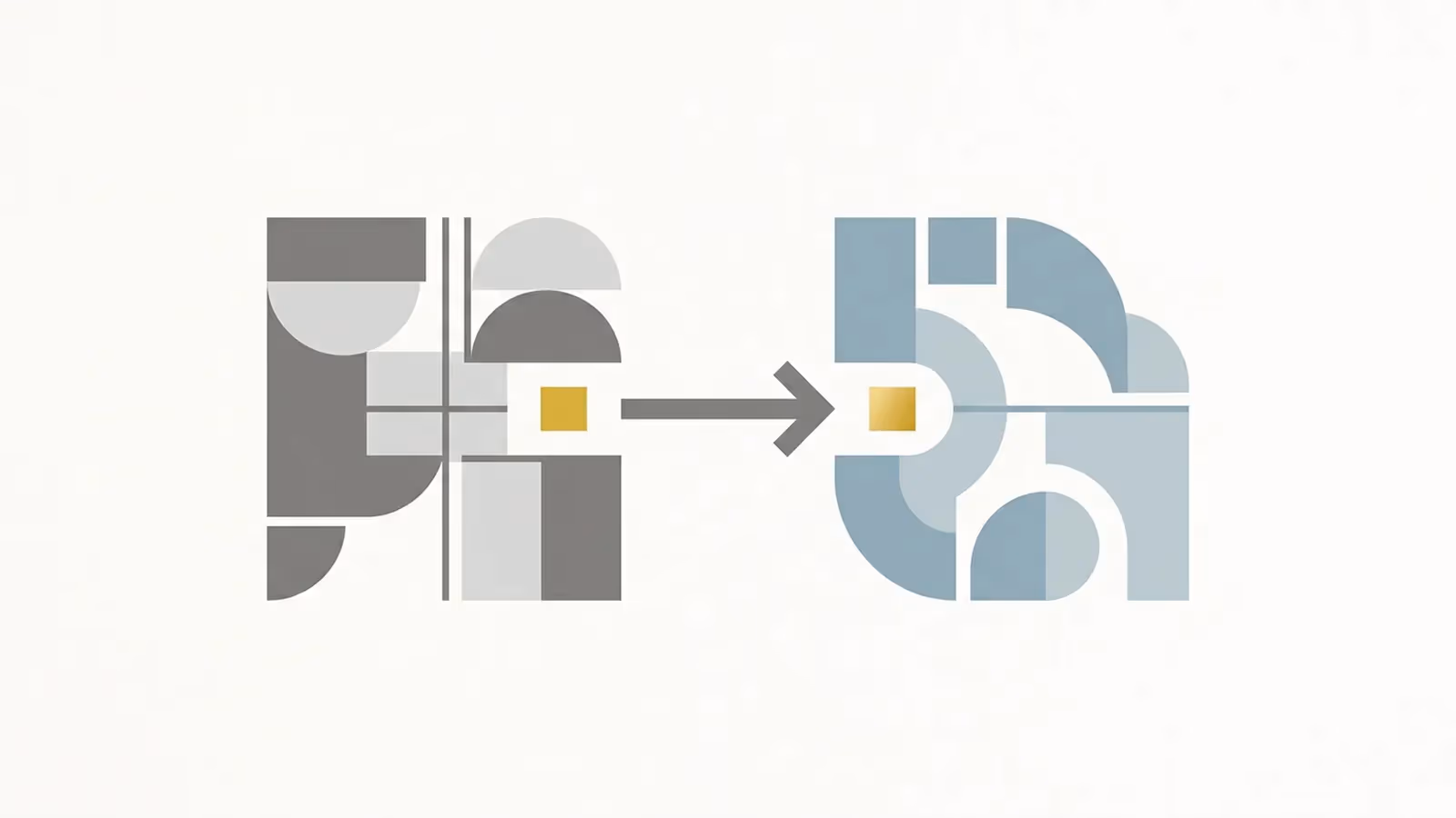 Abstract illustration of supplying materials yourself, shown as an arrow between two abstract shapes, one passing a block to the other.