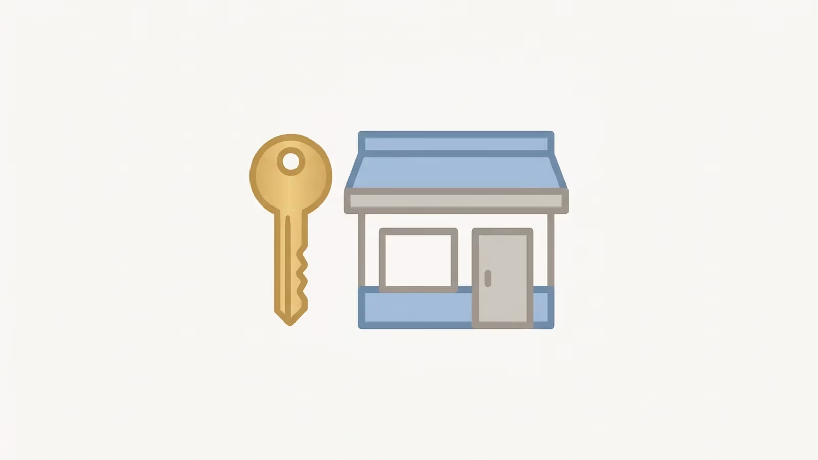 Abstract illustration of website ownership — a key beside a small storefront outline, representing who holds the domain and the site.