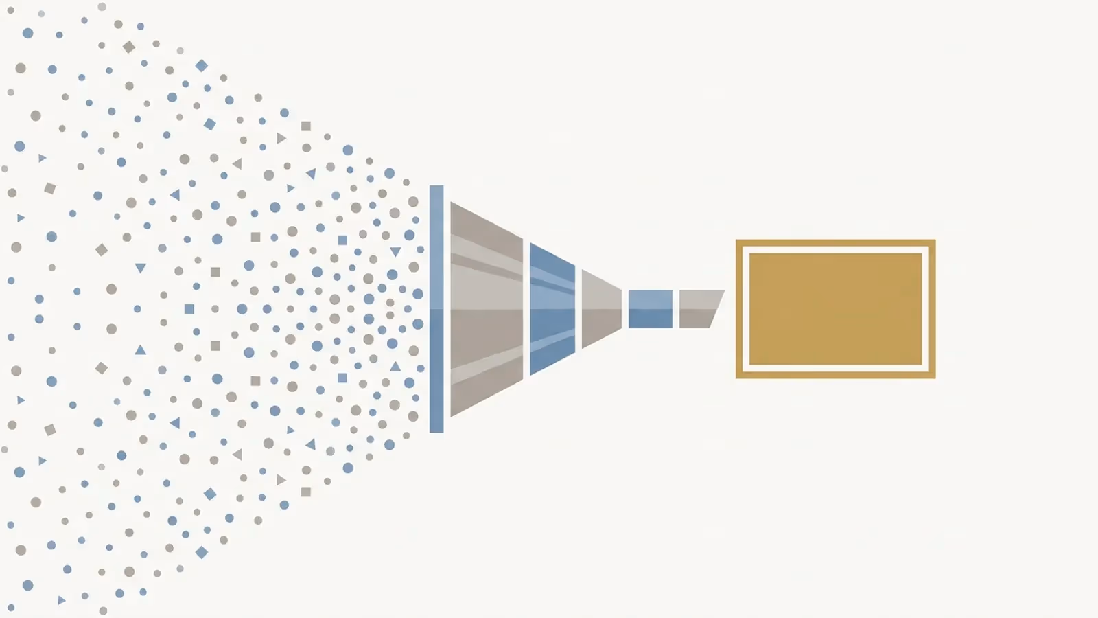 Abstract illustration of scoping a small business website — a wide field of needs narrowing through a funnel to one defined scope.