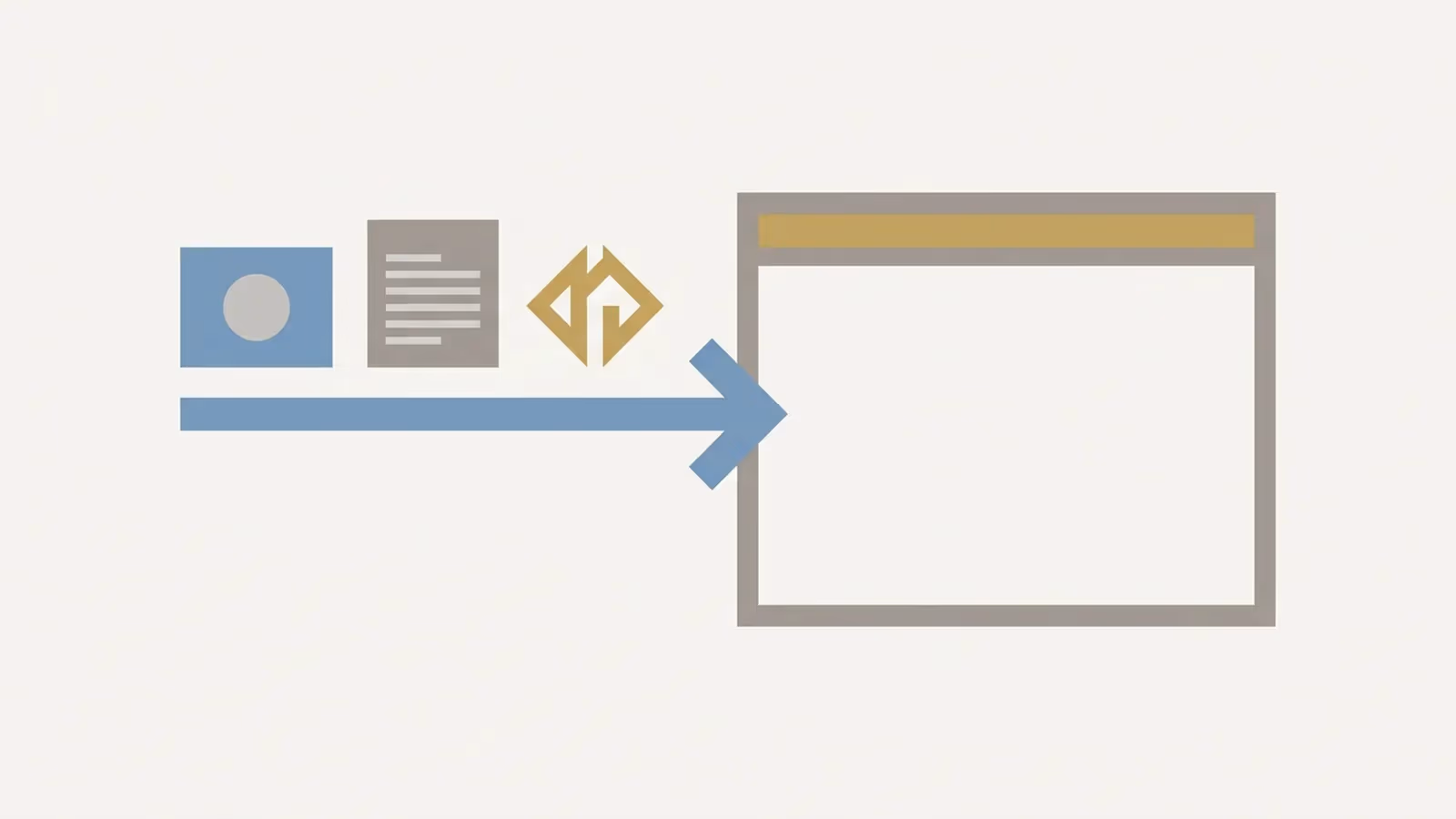 Abstract illustration of supplying content assets — a picture, a document and a logo mark flowing into a website platform block.