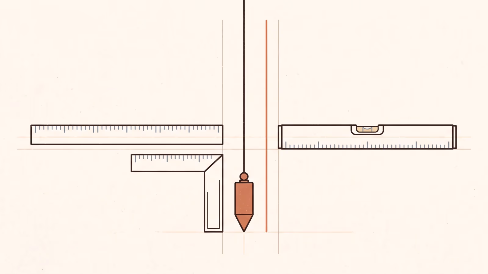 Illustration of measuring instruments laid out square to one another — a graduated rule, a set square, a spirit level with centred bubble and a plumb bob hanging on a line — over faint construction guides.