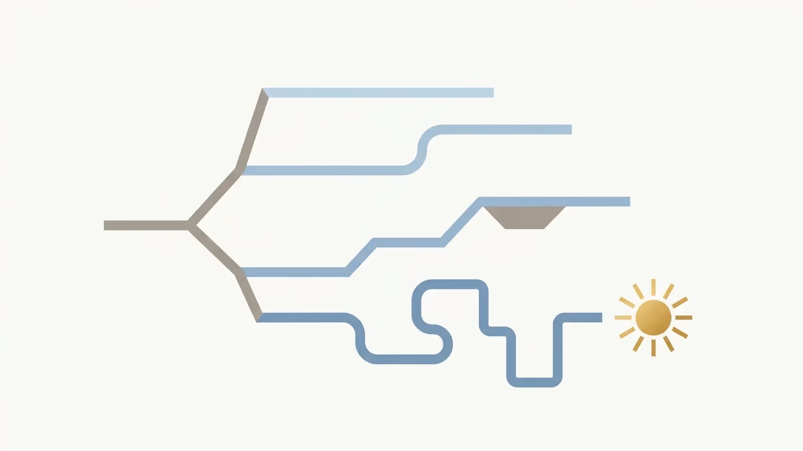 Abstract illustration of escalating effort, shown as a branching path diagram with route lines of increasing length.