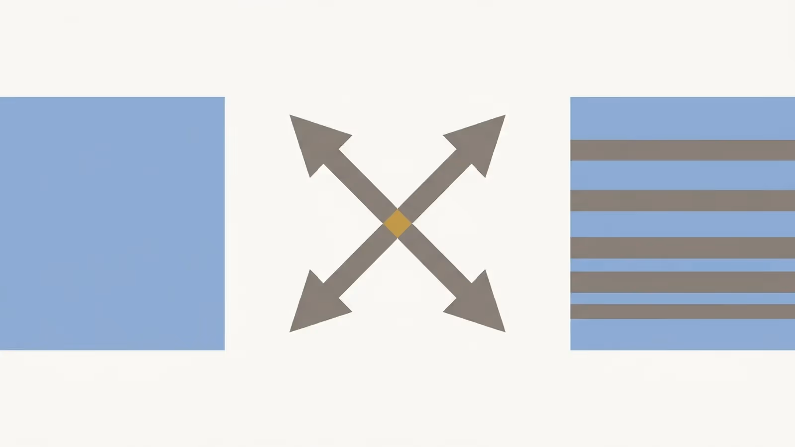 Abstract illustration linking services to pricing, shown as a crossed-arrow motif linking one block to a separate banded-range motif.