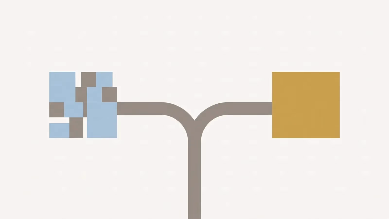 Abstract illustration of buying pieces separately versus together, shown as a two-path fork, one path leading to several small blocks and one to a single large block.