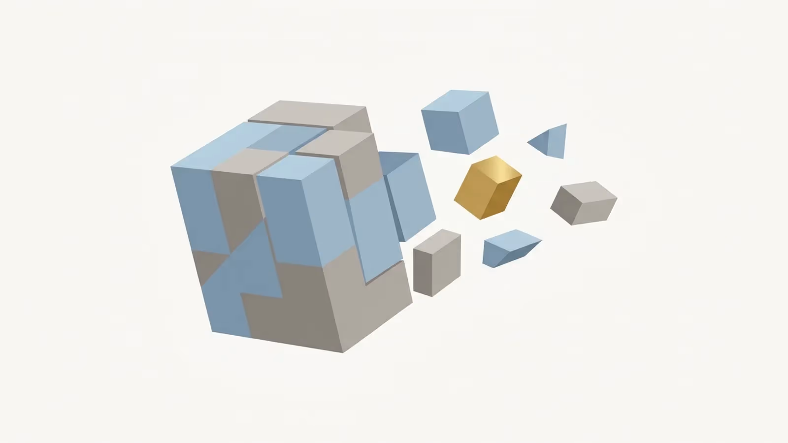 Abstract illustration of an unbundled service, shown as a single bundled block breaking apart into several smaller separable pieces.
