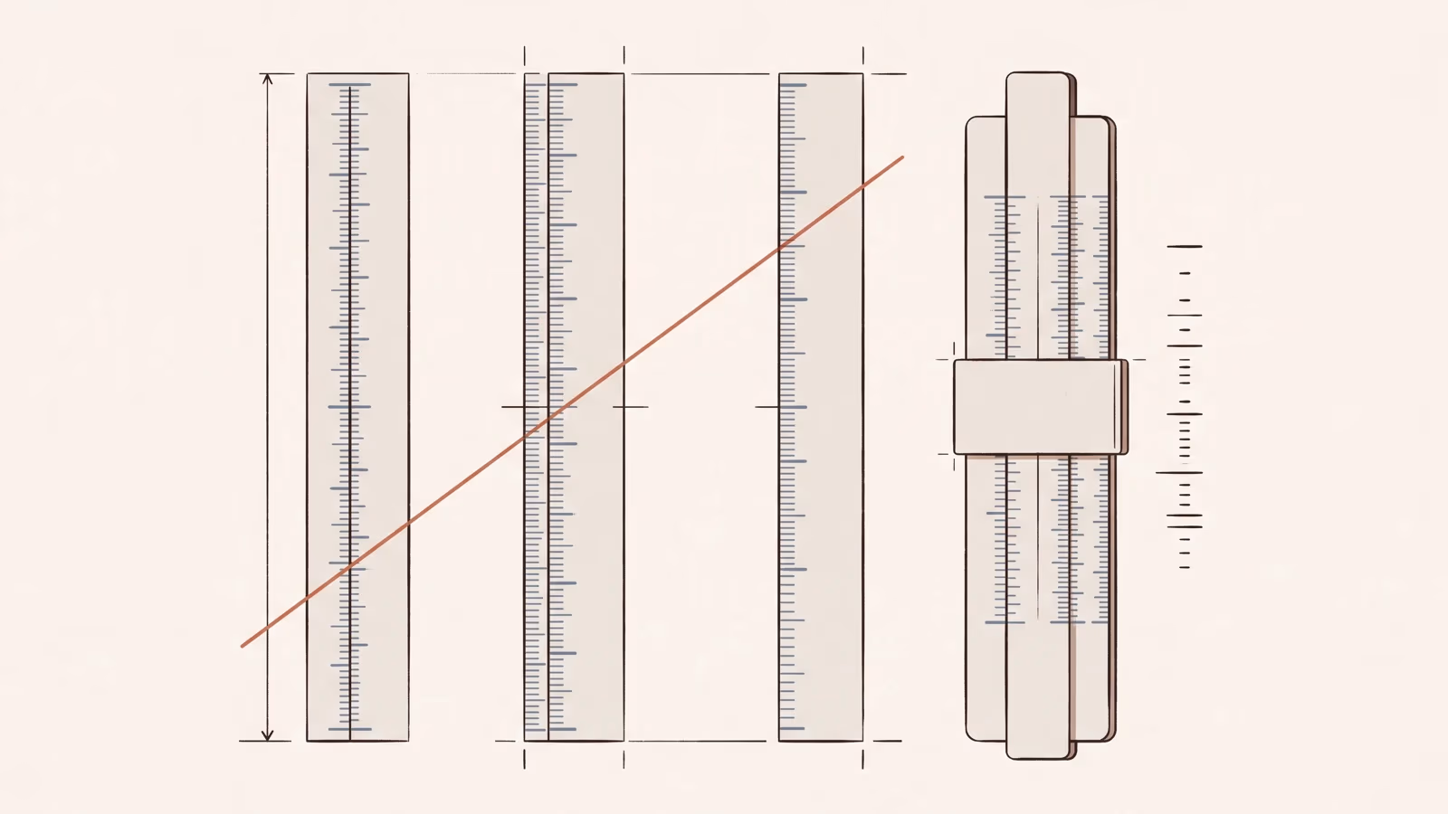 Illustration of a nomogram: three graduated vertical scales crossed by a single diagonal index line, with a slide rule alongside.