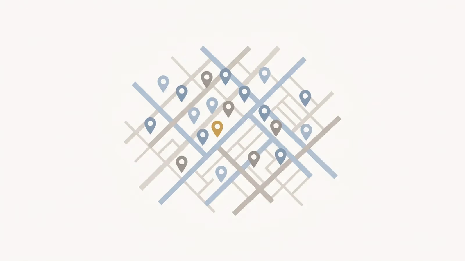 Abstract illustration of local visibility across suburbs, shown as map pins scattered over a street grid.