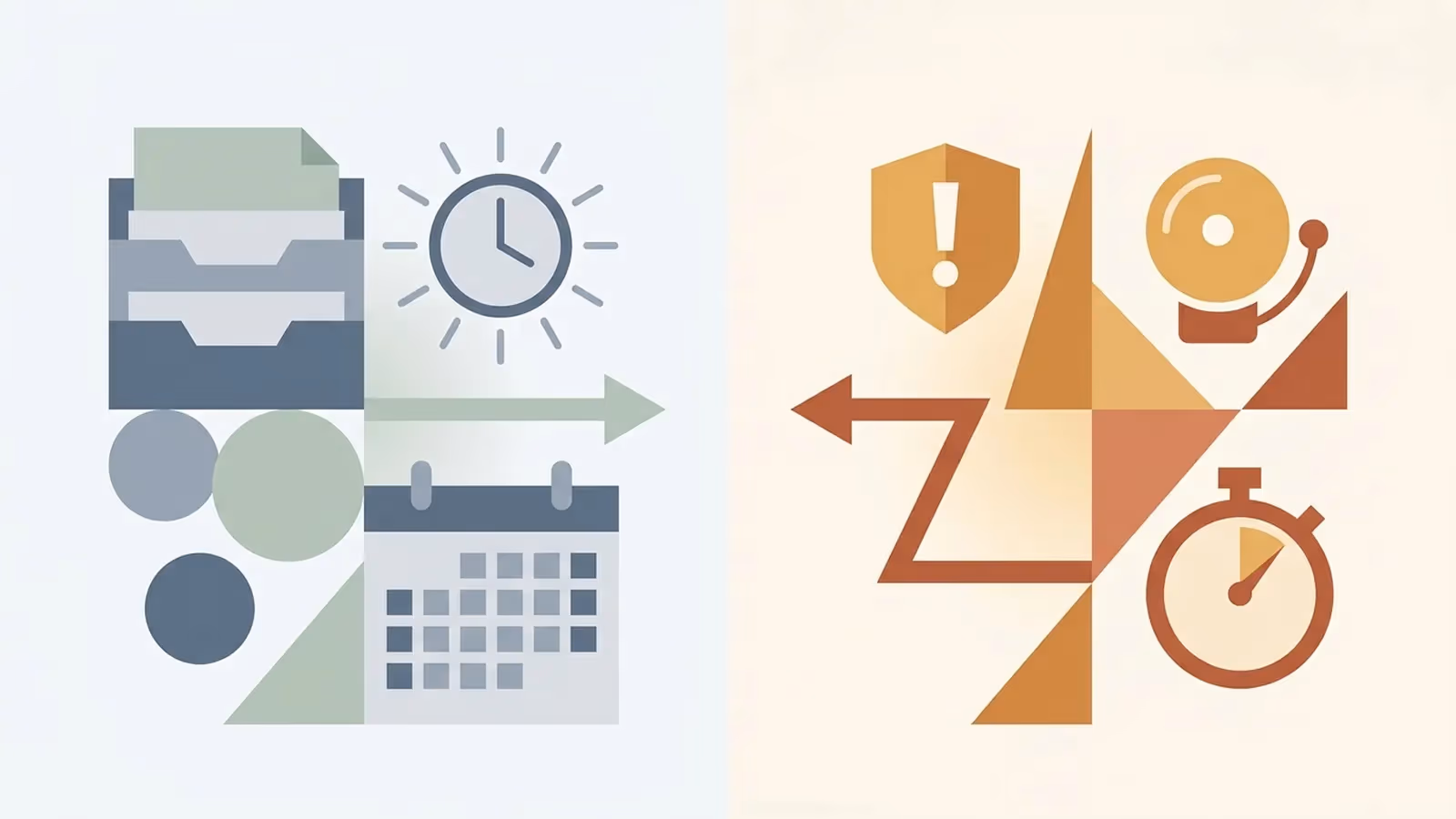 Abstract illustration of the routine-versus-urgent split, shown as a panel shifting from a calm tone to a warmer one.