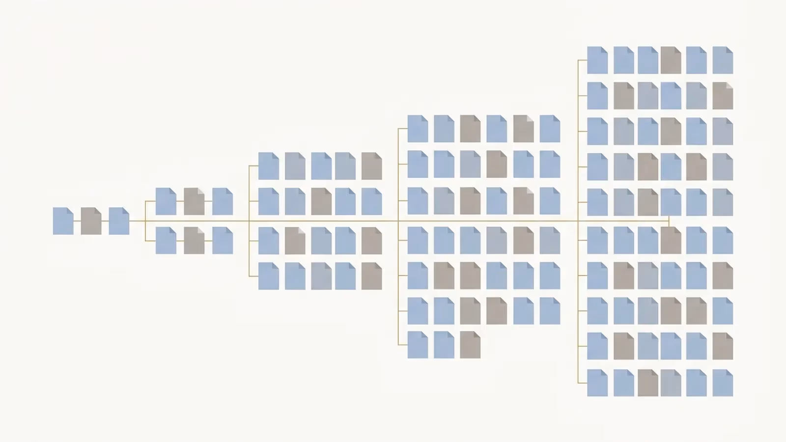 Abstract illustration of page count rising from a small brochure site to a larger one, shown as rows of page tiles increasing left to right.