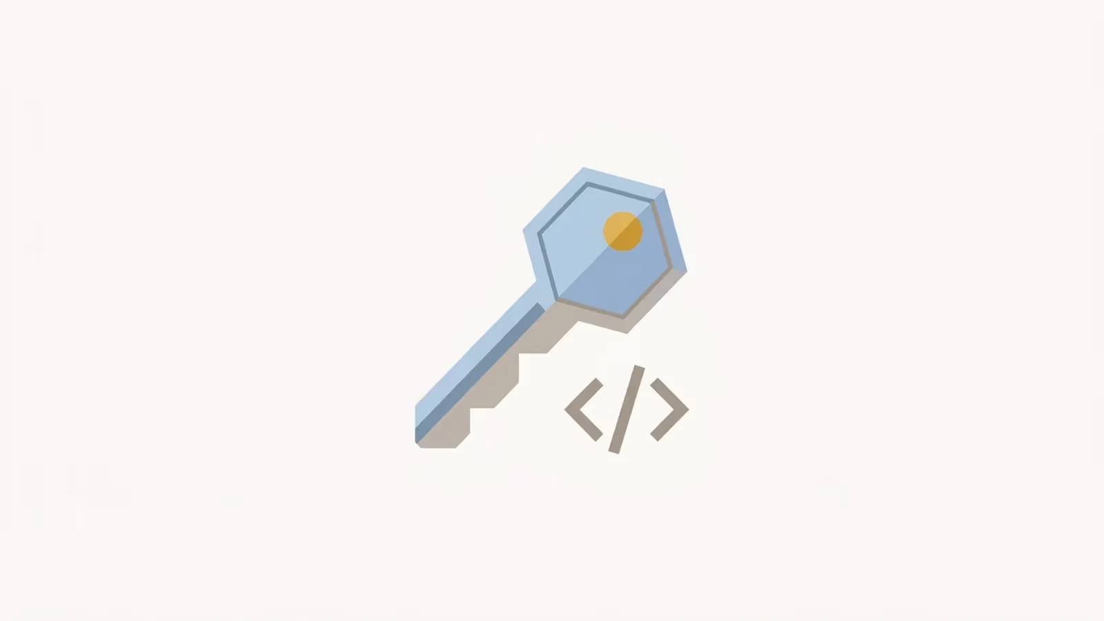 Abstract illustration of who controls the code repository, shown as a key resting beside a small code-bracket glyph.