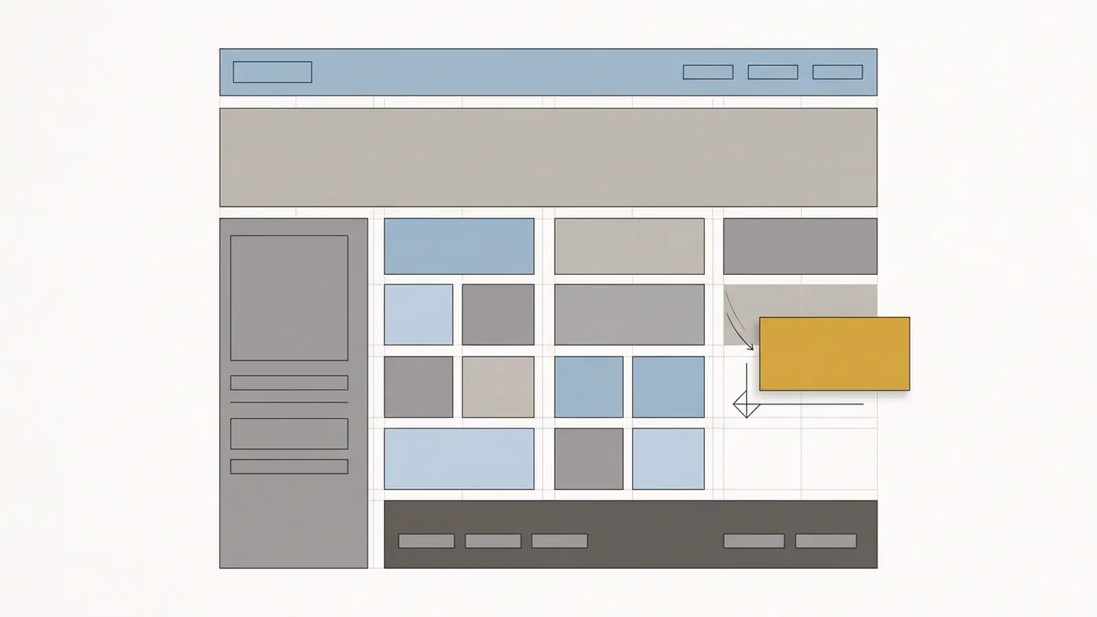 Abstract illustration of a web page being composed from modular blocks — header, hero, columns and footer snapping into place — representing web design for an Australian business.